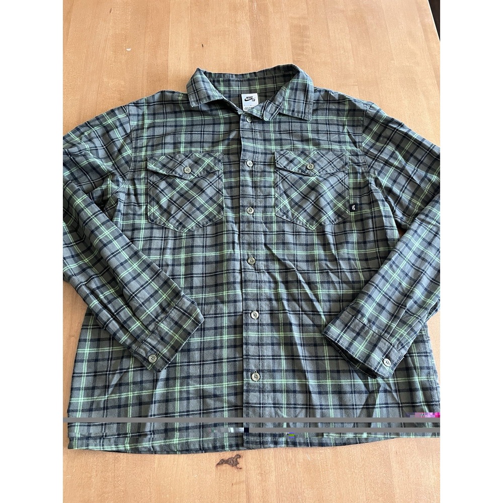 Nike SB Plaid Flannel‎ Shirt Men's Medium Gray Green Button Front Skate Cotton